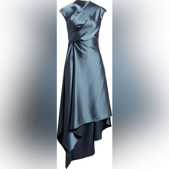 Amsale NWT Draped Satin Asymmetric Cocktail Dress in Petrol Size 12 MSRP $595 - Picture 9 of 11